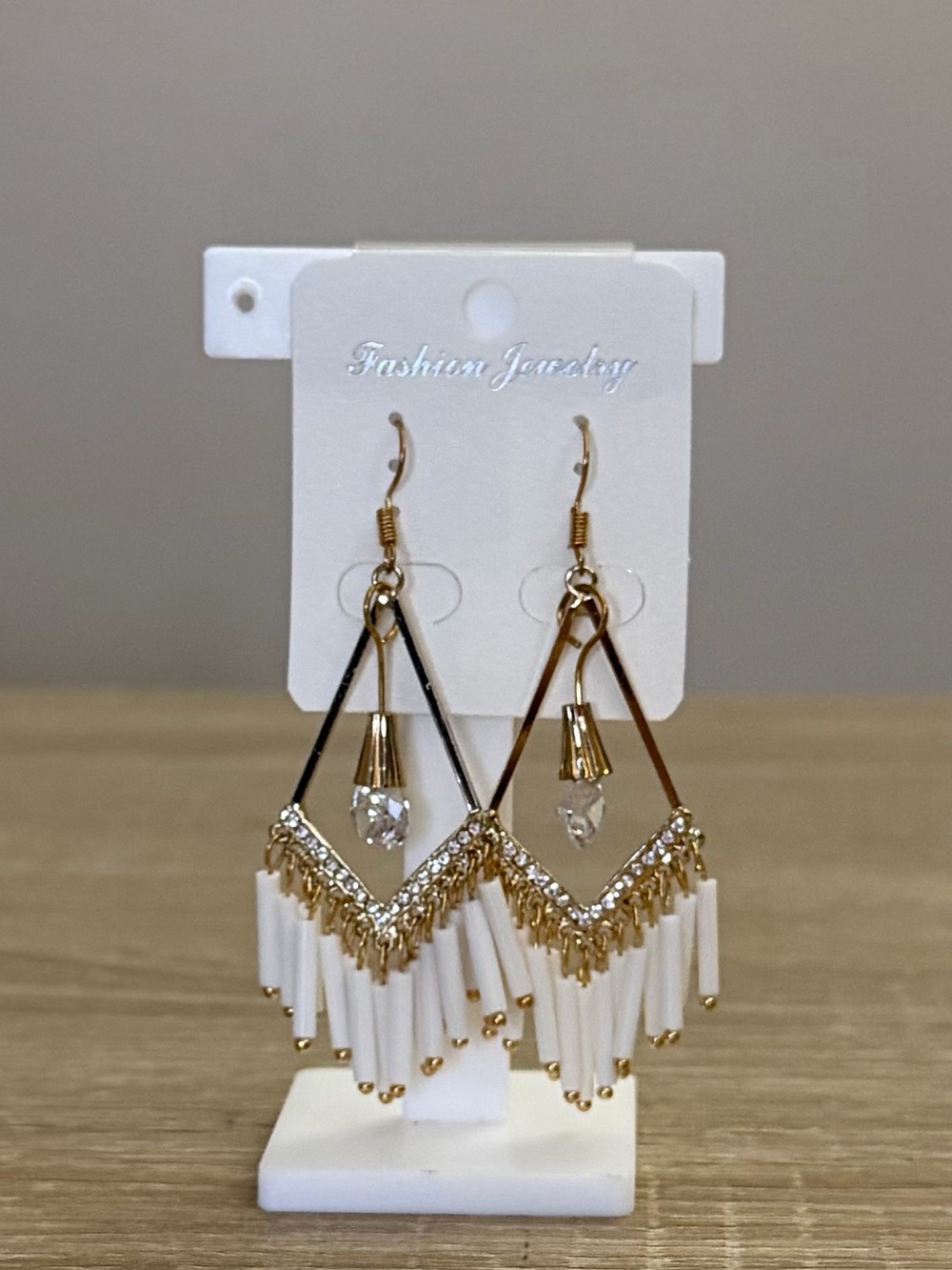 Boho White Fringe Rhinestone Geometric Dangle Earrings